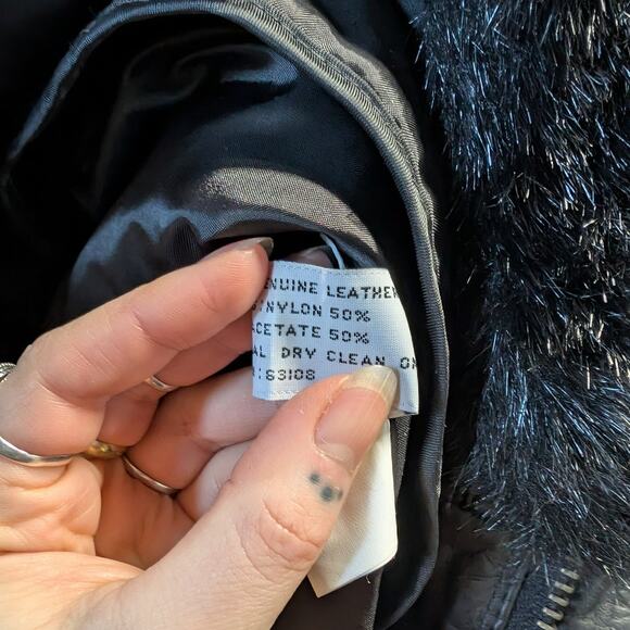 Vintage Black Leather Penny Lane Coat Faux Fur Trench Minimalist Goth Jacket - Picture 11 of 12